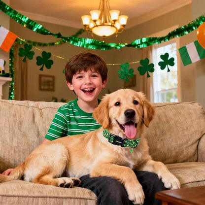 DOGWONG St Patrick's Dog Collar, Green Clover Pet Collar Cotton Shamrock Pet Collar Cute Puppy Collar Adjustable Pet Dog Collars for Medium Dogs,M