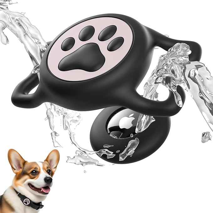 for Airtag Dog Collar Holder, Dog Airtag Holder Waterproof, Lightweight & Soft Silicone Air Tag Case for Pet Collars, Works with Multiple Tracker Tag Products (Black & Pink, 1 Pack)