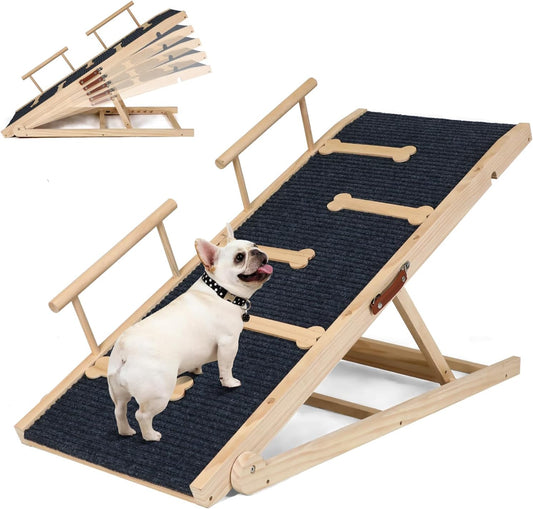Dog Ramp for Bed, Non-Slip Pet Ramp with 5 Adjustable Heights, Portable Foldable Wooden 40" Long Pet Stairs for Small & Large Old Dogs & Cats - Lightweight & Easy Storage - Pawvie