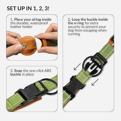 CollarDirect Airtag Dog Collar Reflective Nylon Neoprene Leather Holder for Apple Air Tag for Large, Medium, and Small Dogs (Green, M, 13.5-16.5 Inch)