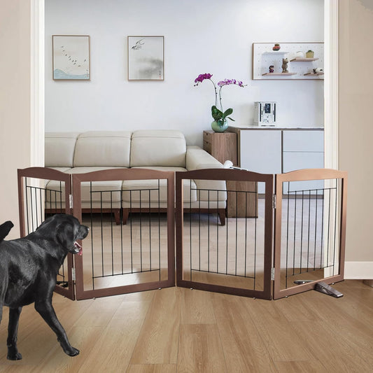 ZJSF Freestanding Dog Fence Indoor, Foldable Dog Gate for Doorways, Stairs or Hallways, Sturdy Wood Extra Wide Pet Gate with Support Feet for The House, Brown, 24 "Height-4 Panels