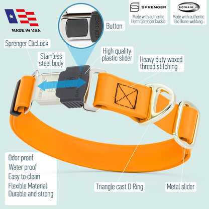 Dogline Biothane Waterproof Dog Collar with Herm Sprenger Stainless Steel Quick Release Buckle – Heavy Duty Tactical Durable Collar for Dogs – Comfortable and Safe Pet Collar W 3/4" L 12-19" Tangerine