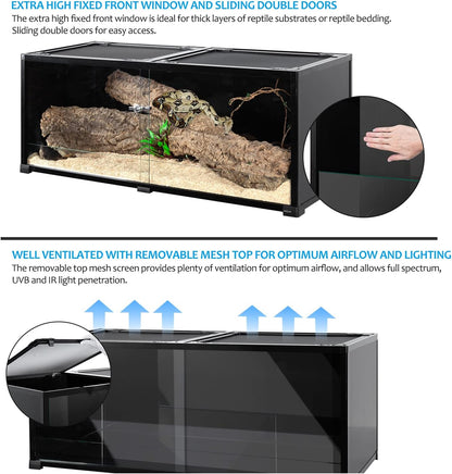 REPTI ZOO 68 Gallon Reptile Terrariums, 48" X 18" X 18" Reptiles Tanks Enclosure for Bearded Dragon Ball Python Snake, Black-Tinted ECO Glass Reptile Habitat with Sliding Door & Top Screen Ventilation