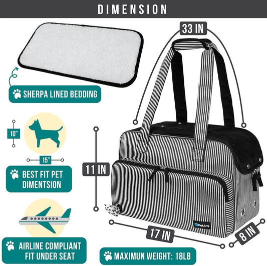 PetAmi Small Dog Purse Carrier, Soft-Sided Pet Carrier Bag with Pockets, Portable Puppy Cat Travel Handbag Tote, Airline Approved Breathable Mesh, Poop Bag Dispenser, Max 18 lbs, Stripe Black