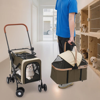 Foldable Pet Stroller for Small & Medium Dogs, Double Dog & Cat Stroller with 3-in-1 Travel System, Detachable Pet Carrier with Wheels for Cats and Dogs up to 77 lbs, Dark Green - Pawvie