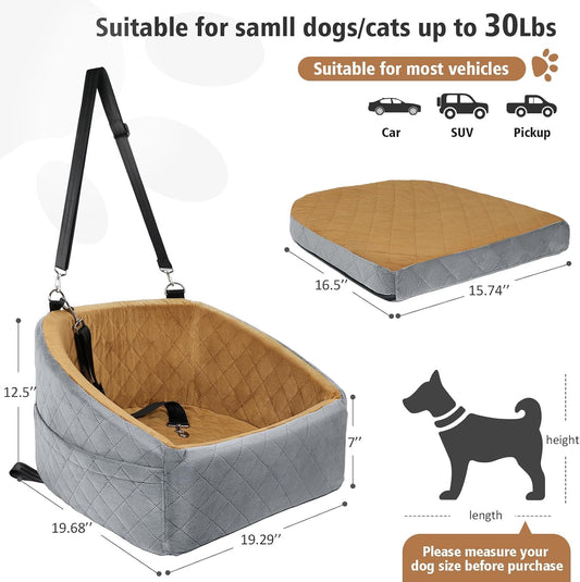Dog Car Seat for Small Medium Dogs,Detachable Washable Dog Booster Seat Under 30lbs, Pet Car Seat Travel Bed with Storage Pockets and Dog Safety Belt(Grey/Brown) - Pawvie
