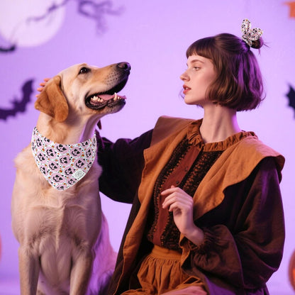 E-Clover Halloween Dog Bandanas & Matching Scrunchie Set Girl Cute Pink Pumpkin Dog Scarf Bibs Pet Bandana with Bow Tie for Medium Large Dogs Owner Mom