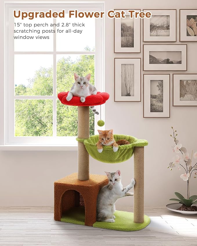 Flower Cat Tree with Sisal Scratching Posts, 35" Cute Cat Tower with Large Green Hammock for Small Indoor Cats, Cat Condo with Removable Flower Bed for Kittens, Brown