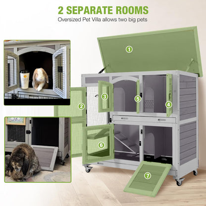 GUTINNEEN Large Rabbit Hutch Indoor with Chew-Proof Ramp, 47" Wooden Bunny Cage Guinea Pig Cages with Casters, Leak-Resistant Trays for Rabbits, Guinea Pigs, Small Animals