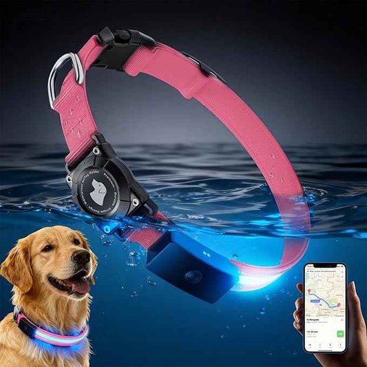 LED AirTag Dog Collar - Brightest Light Up Dog Collars - IP68 Waterproof Air Tag Dog Collar Holder - 1,600 Feet of High Visibility - Magnetic Charging - Dog Lights for Night Walking, Pink XL