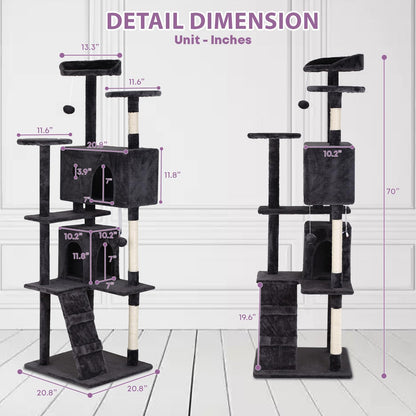 70 inches Cat Tower for Indoor Cats Multi-Level Cat Condos for XL Cat Tree Cat Climbing Tower with Scratching Posts, Hanging Toys,Dark Gray