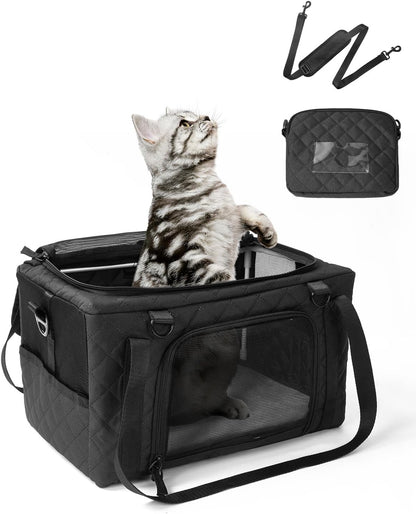 PETUX Small Cat Carrier - Pet Carrier Airline Approved for Kitten Under 10 lb - Escape-Proof, Foldable & Portable Cat Carriers for Travel, Vet Visits with Removable Bag, Safety Buckle ＆ Leash - Black