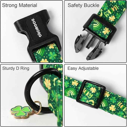 DOGWONG St Patrick's Dog Collar, Green Clover Pet Collar Cotton Shamrock Pet Collar Cute Puppy Collar Adjustable Pet Dog Collars for Medium Dogs,M