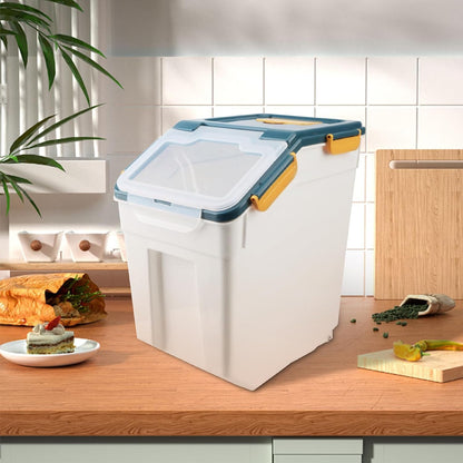 AnRui Rice Storage Container 50LB, Airtight Flour Storage Containers, Plastic Cereal Grain Dispenser Organizer Pet Food Storage Bin with Lid, Measuring Cup, Scoop, Blue, 2Pcs,Total Capacity:100LB