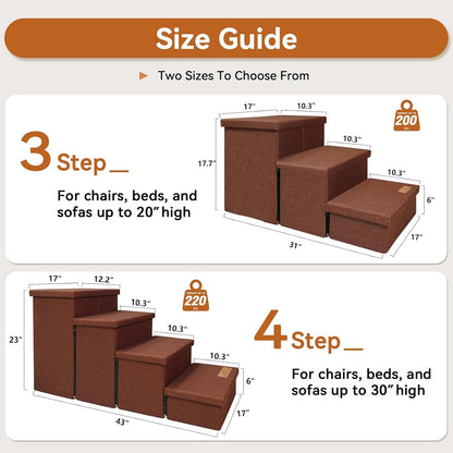 Dog Stairs with Storage 18" H, 3-Step Wider Dog Steps for Small/Medium/Large Old Dogs Cats, Folding Sturdy Pet Stairs Climbing Bed Couch, Ramp for Car Hold Up to 200 lbs (Brown, No Condo)