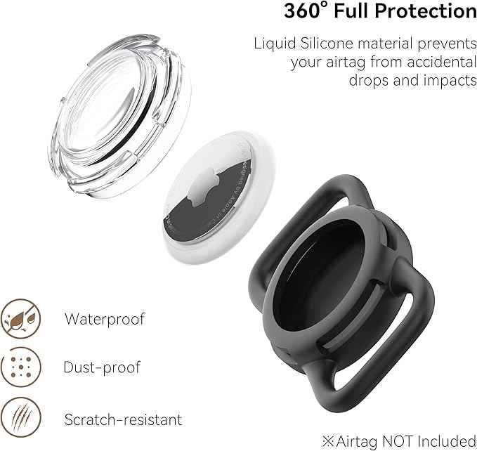 Waterproof Airtag Holder for Dog Collar, Soft Full-Body Protective Airtag Holder for Dog & Cat Collars, Ultra-Durable, Easy Installation, Lightweight Clear Airtag Case (Black, Regular)