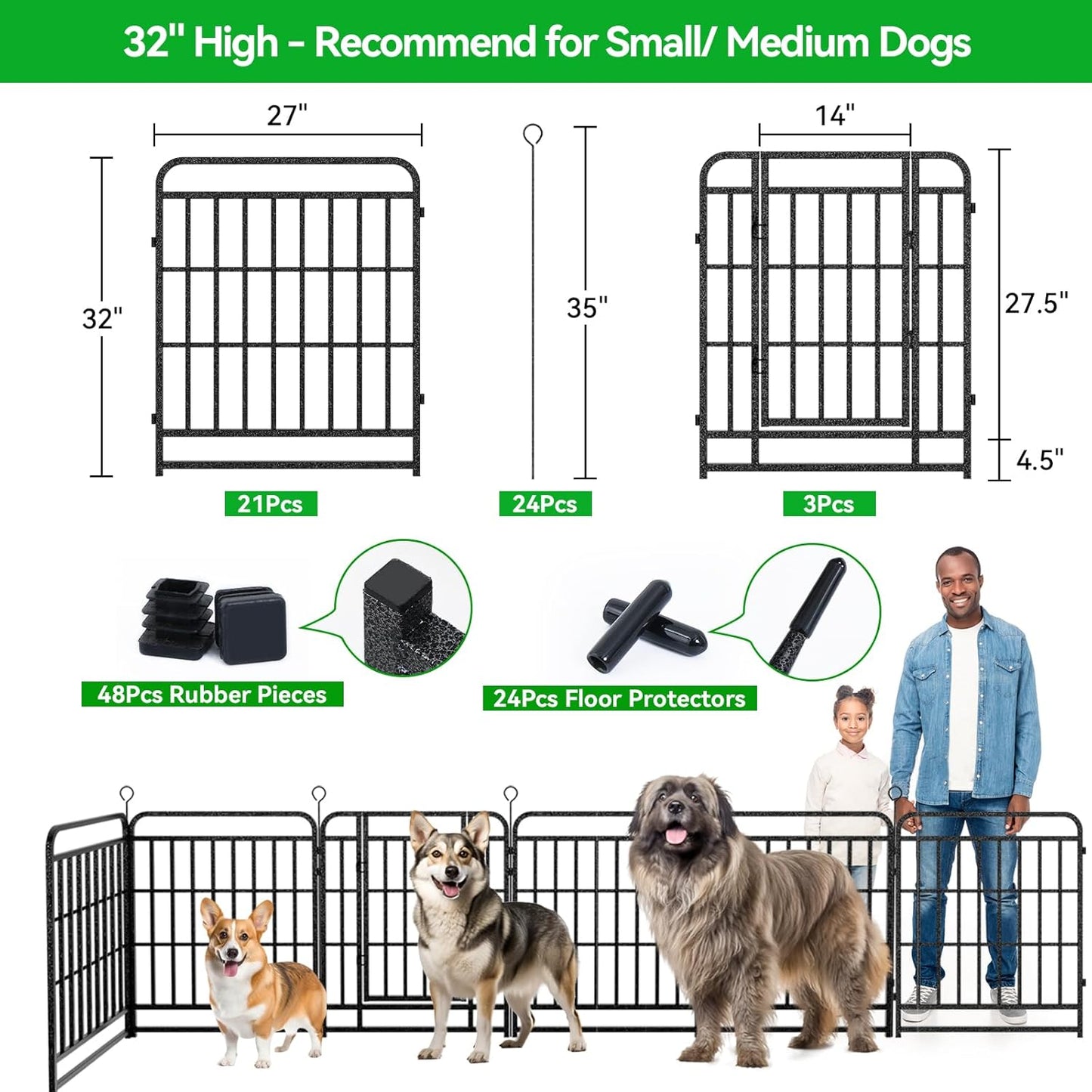 Dog Playpen Outdoor 24 Piece Panels Heavy Duty Dog Fence 32" Height with Thick Pipe Anti-Rust with Doors Portable for RV Camping Yard, Total 54FT, 227 Sq.ft, Snowy Black