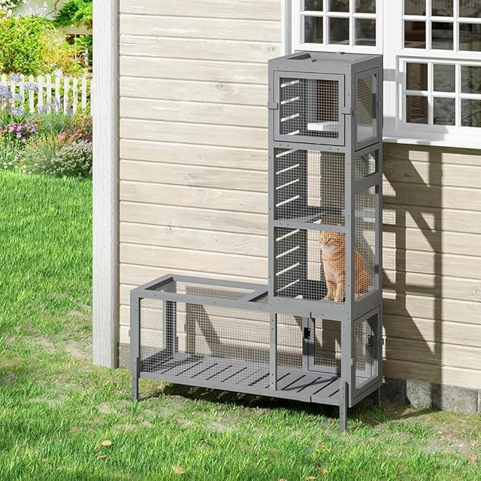 COZIWOW Wooden Cat Play Tunnel with Platforms – Configurable Window Catio, Multi-Combination Extendable Cat Run & Small Pet Play Enclosure for Indoor/Outdoor Use