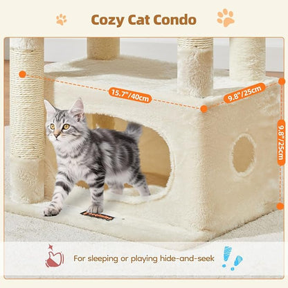 Taoqimiao Cat Tree,38.5-Inch Cat Tower for Indoor Cats,Suitable for Kittens with Luxurious cat condo with Adjustable Baskets and Luxurious Perch Beige MS029SM