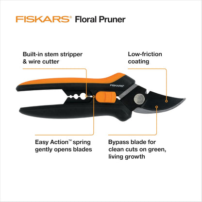Fiskars Floral Pruning Shears - Plant Cutting Scissors/Garden Clippers For Deadheading and Working with Flowers - Black/Orange