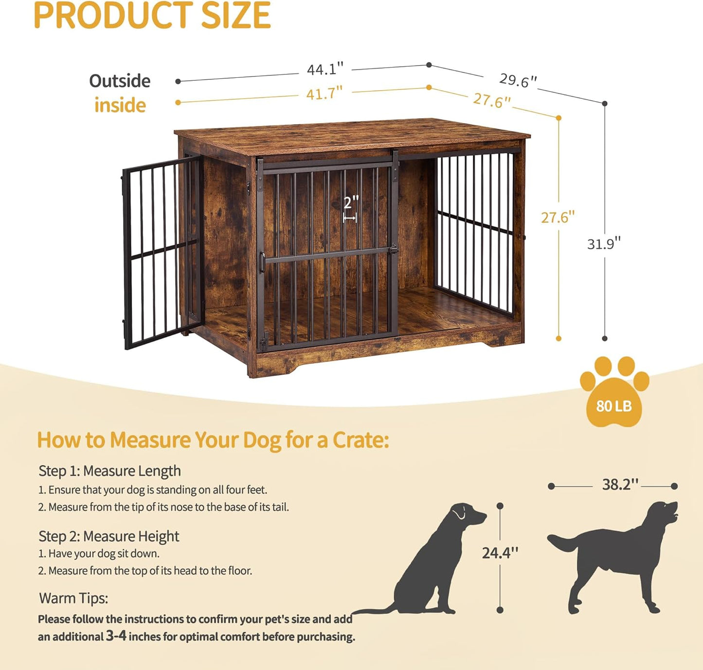 XL Large Dog Crate Furniture, 44.1" Indoor Dog Kennel Furniture with Barn Door, Wooden Tall Dog Crate, Heavy Duty Dog Cage for Large Dogs, Side End Table, Anti-Chew, Rustic Brown DFC80101B