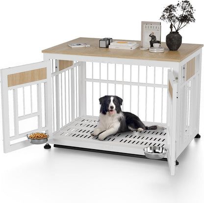 Dog Crate Furniture End Table, 38 Inch Hidden Kennel Cabinet with Removable Tray, Thickened Metal Frame Dog Cage, Dual-Purpose Pet House & Nightstand for Living Room
