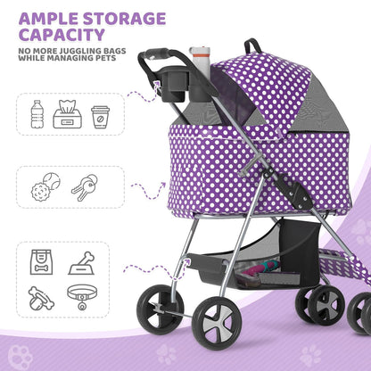 Magshion Foldable Pet Stroller, 3-in-1 Dog Travel Jogger with Detachable Carrier, Cup Holder, Storage Basket, Folding Carrier for Small/Medium Dogs & Cats Up to 33 lbs, Purple Polka Dots