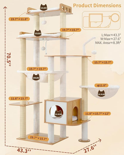 Heybly Cat Tree, 70.5 Inch Wood Tall Cat Tower for Large Indoor Cats with Extra Stable Structure, Modern Cat Furniture with All-Sisal Scratching Posts, Cat Condo & Hammocks, Walnut HCT121WB