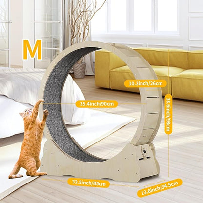 Homegroove 35.4 Inch Cat Exercise Wheels for Indoor Cats, Versatile Cat Toy Running Wheel Treadmill with Detachable Carpet for Weight Loss and Health, Natural Wood Color(M)