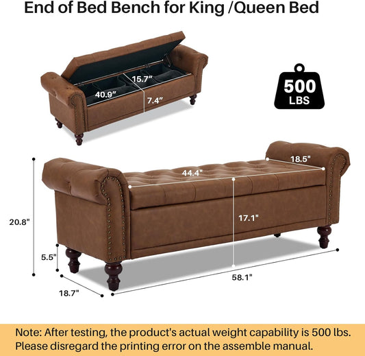 58.1'' Storage Bench Upholstered PU Leather End of Bedroom Bed Bench Ottoman with Tufted Cushioned Rolled Arm Large Storage Space for Reading Living Room Entryway, Brown