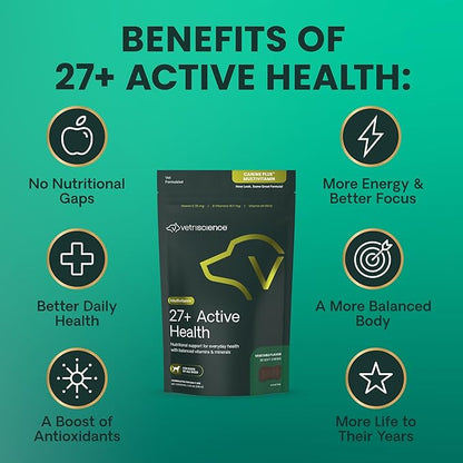 VetriScience 27+ Active Health Chews, Canine Plus Daily Multivitamin for Puppies and Adult Dogs, Balanced Vitamins, Minerals & Antioxidants, Veggie, 30 Count