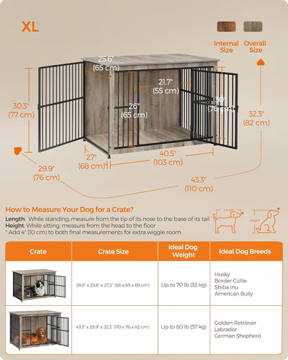 Feandrea Dog Crate Furniture, 43.3" Side End Table, Modern Kennel for Dogs Indoor up to 80 lb, Heavy-Duty Dog Cage with Enclosed Base, Double-Door Dog House, Greige UPFC024G01