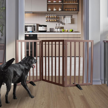 ZJSF Freestanding Indoor Dog Gate for House Foldable Wood Puppy Gate for Doorways Pet Gate for Stairs Extra Wide Pet Fence, Brown, 32" Height 3 Panels