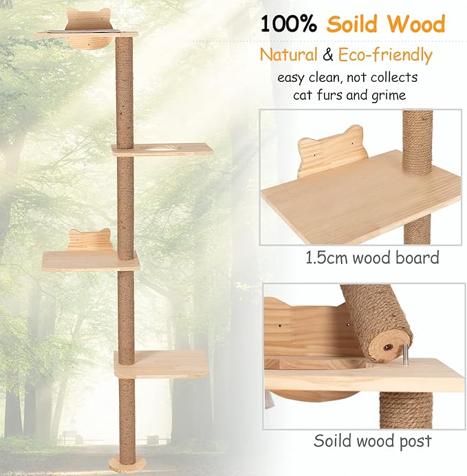Cat Tree Wall Mounted,Tall Scratching Post for Indoor Cats Climbing Tower Activity Wood Cat Wall Furniture(Wood)