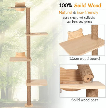 Cat Tree Wall Mounted,Tall Scratching Post for Indoor Cats Climbing Tower Activity Wood Cat Wall Furniture(Wood)