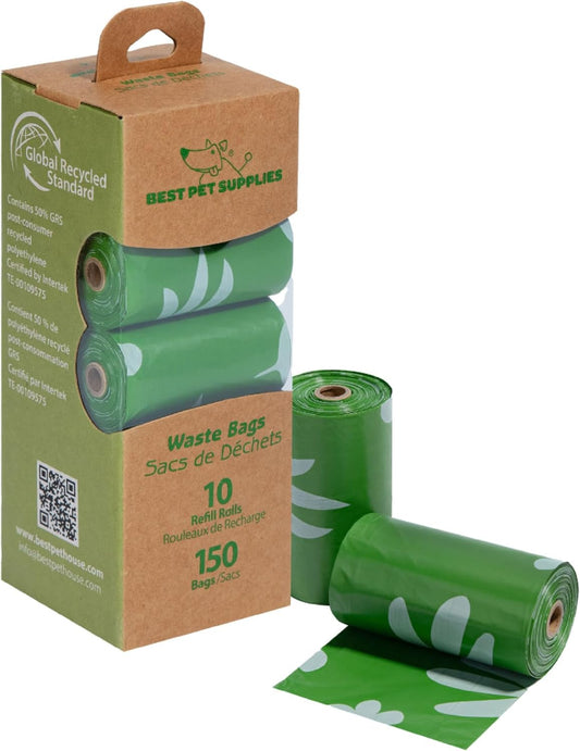 Best Pet Supplies Poop Bags for Dogs, 50% Post-Consumer Recycled Content dog waste bags on rolls, fits all poop bag holders for leashes - 150 Count, Green, Unscented