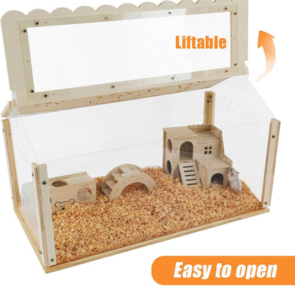 Hamster cage Wooden with Acrylic, Dwarf Hamster cage, Small Animal Habitat with Openable Top, Mouse cage for Guinea Pigs, Chinchillas, Gerbil, Syrian Hamster (24inch)