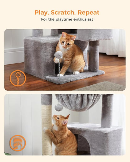 45-Inch Small Cat Tree with 2 Condos for Indoor Cats,Cat Tower with Scratching Posts for Small Cats,Grey Cat Tree Tower with Hammock and Cat Toys
