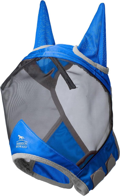 Harrison Howard Pro Luminous Horse Fly Mask Large Eye Space Standard with Ears UV Protection for Horse Signature Blue Medium Cob