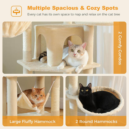71.2" Tall Cat Tree for Indoor Cats - 9-Level Multi-Cat Tower w/5 Sisal Scratching Posts, 2 Condos, 3 Hammocks, Perch & Pom Poms - Heavy-Duty for Adult Cats, Space-Saving Plush Beige