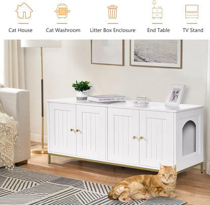 Homhedy Cat Litter Box Enclosure for 2 Cats, Cat Washroom Furniture with Double Room, Pet House with Metal Frame, 47.2”L x 17.7”W x 21.7”H, White and Gold