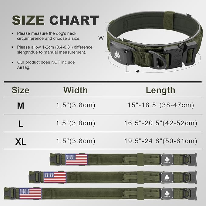 2026 Upgrade Dog Collar with IPX8 Waterproof AirTag Holder,Military Tactical Comfortable Control Handle and Ultra-Durable Metal Buckle/Night Reflective,GPS Collar for Medium to Large Dog（ArmyGreen/M）