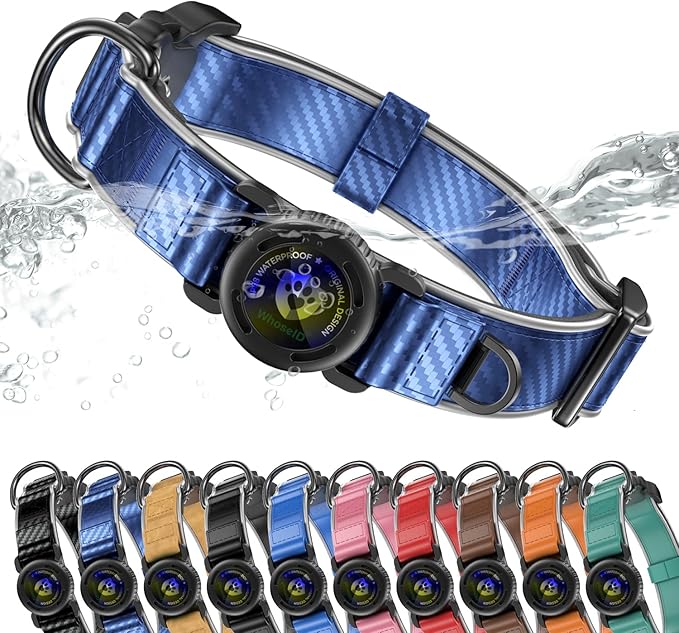 WhoseID Premium Leather Dog Collar - Waterproof AirTag Dog Collar | Magnetic Buckle Heavy Duty Collar | Medium Reflective Dog Collar with AirTag Holder