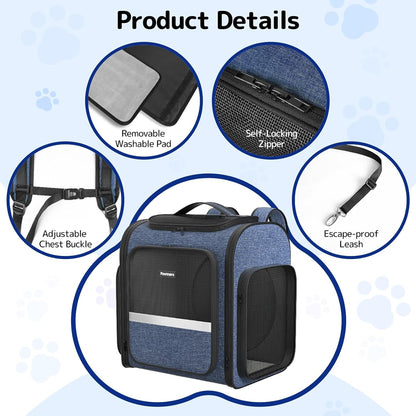 Pawtners Cat Carrier Backpacks Expandable Pet Backpack with Breathable Mesh, Pet Carrier Backpack for Cats Small Dogs Puppies Up to 18 Lbs, Dog Carrier Backpack for Travel Hiking Camping Outdoor Blue - Pawvie