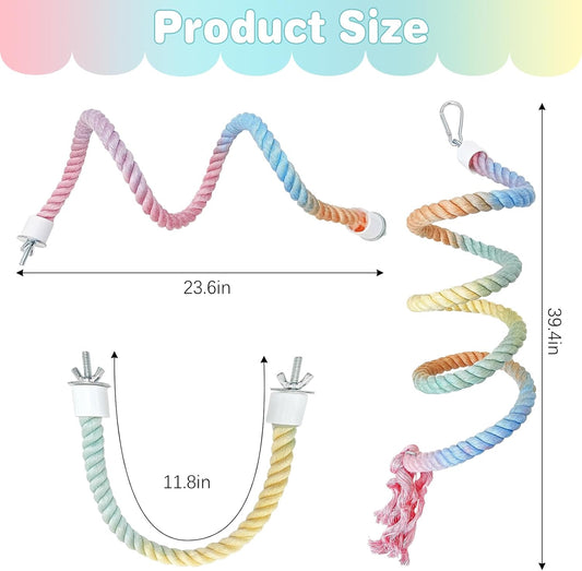 BNOSDM 3 Pcs Bird Rope Perches Gradient Colorful Bendable Climbing Rope Ladders Swings Toy Parakeet Cage Accessories for Parrots, Budgies, Cockatiels, Conures, Lovebirds