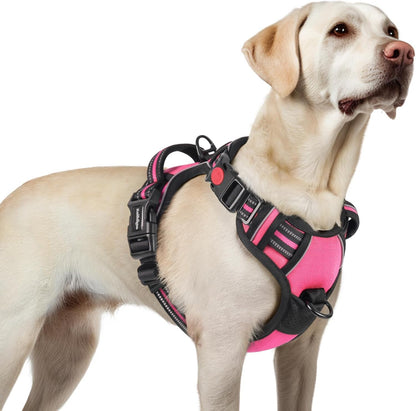 rabbitgoo Dog Harness for Large, No Pull Pet Harness with 3 Buckles, Adjustable Soft Padded Vest with Control Handle, Walking Reflective Pet Vest for Large Dogs, Rose Pink, L