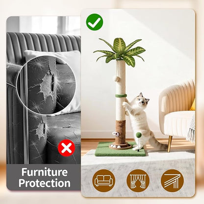 Tall Cat Scratching Post Vertical Pole for Indoor, 35" Palm Tree Sisal Scratch Post for Large Cats Kittens, Heavy Duty Wooden Carpet Pole with Ball Track Leaves, Furniture Protection