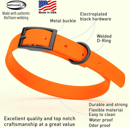 Dogline Biothane Waterproof Dog Collar Strong Coated Nylon Webbing with Black Hardware Odor- Proof for Easy Care Easy to Clean High Performance Fits Small Medium or Large Dogs, Hunter Orange