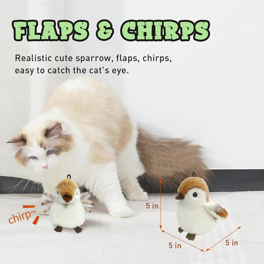 Cat Toys, Flapping Wings Cute Sparrow, No Flying, Chirping Bird Interactive Catnip Toy for Kitten or Small Dogs, Touch Activated, Rechargable