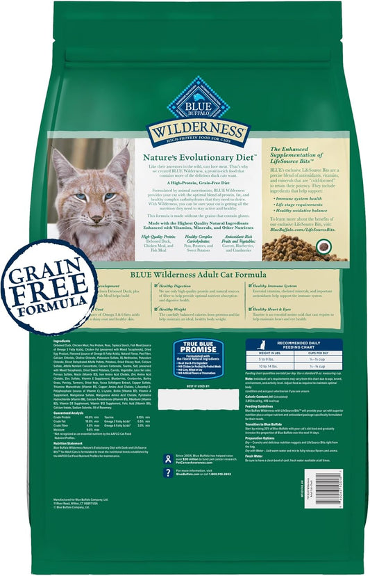 Blue Buffalo Wilderness Healthy Adult Dry Cat Food, Supports Health and Wellness, High-Protein & Grain-Free, Duck, 11-lb Bag